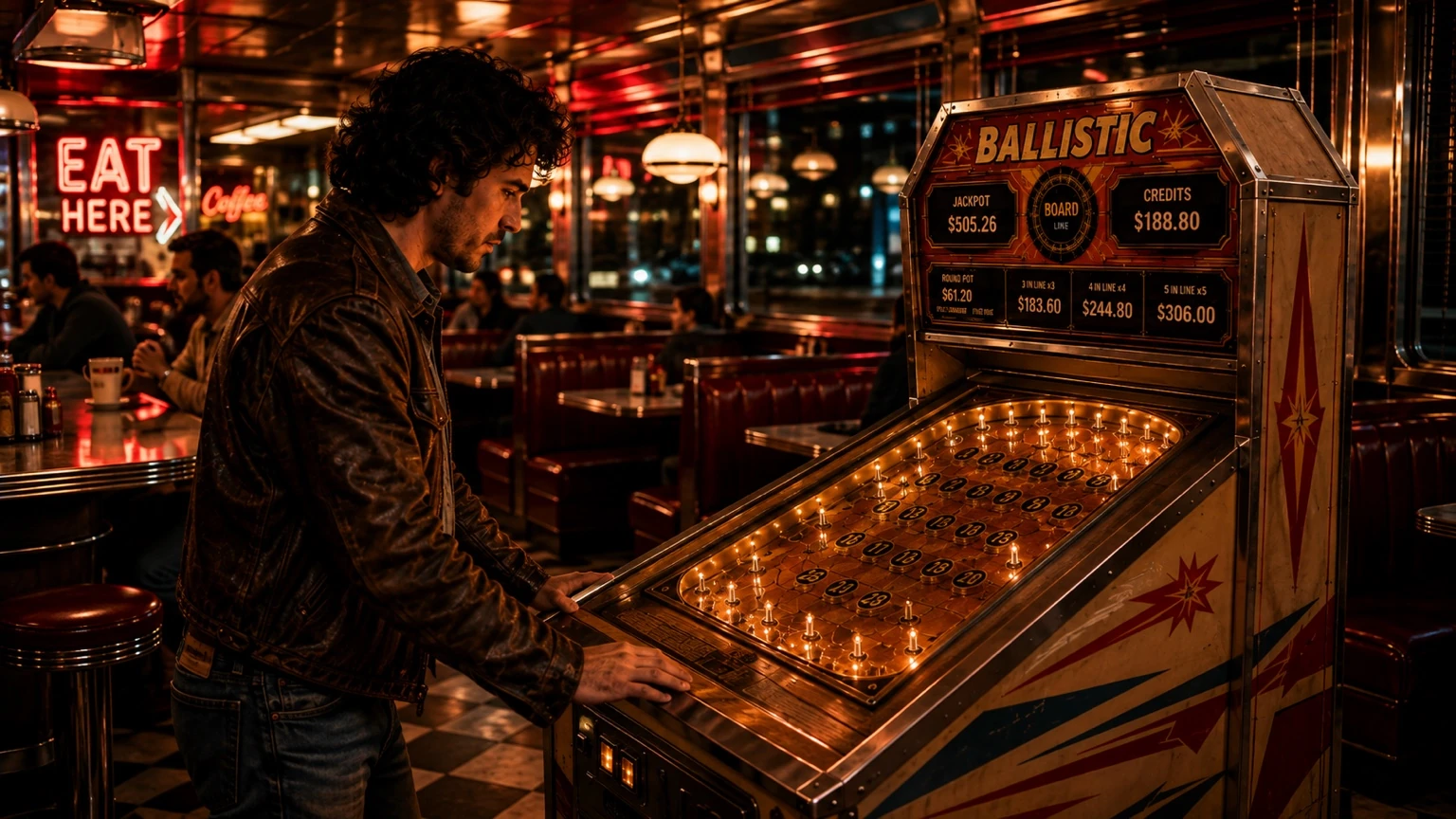 Retro BALLISTIC-style machine in a diner environment
